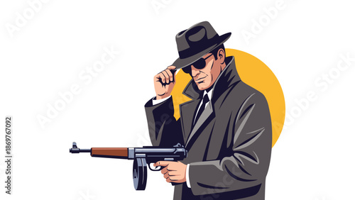 Vintage style illustration of a mafia gangster in a fedora and trench coat holding a drum magazine machine gun on white.