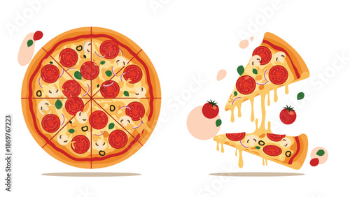 Delicious looking pizza illustration features melted cheese and toppings like tomatoes and mushrooms with extra slices on the side.