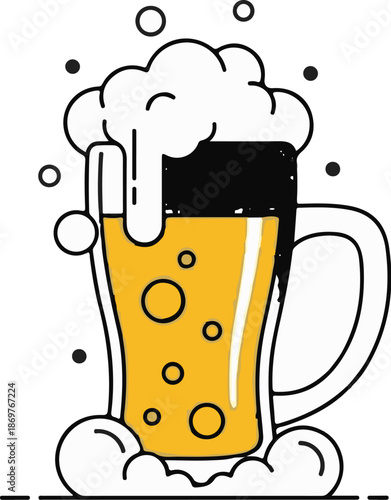 Stylized illustration of a foamy, golden beverage in a glass mug with bubbles