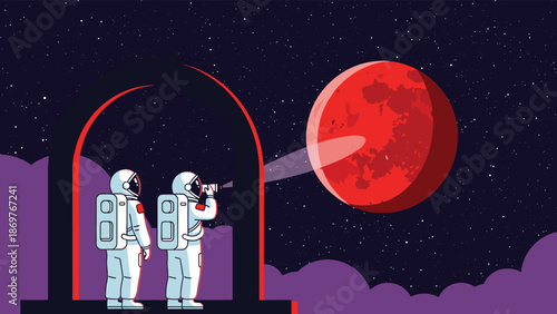 Two astronauts stand under a futuristic archway while looking through a telescope at a large red planet in the starry night sky.