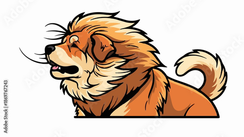 Stylized illustration of a fluffy orange dog with a flowing mane and a curled tail