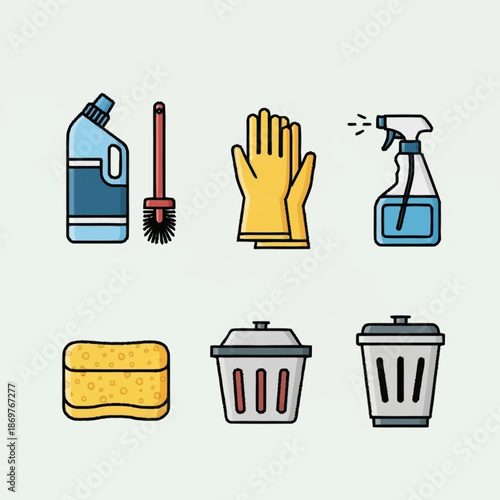 Set of cleaning supplies and tools for household chores.