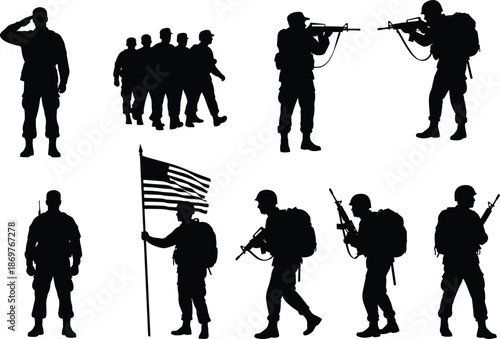 soldier, military, army, silhouette, rifle, salute, formation, patriotism, discipline, combat, backpack, standing, walking, flag, uniform, soldier icon, military silhouette, army troops, rifle vector,