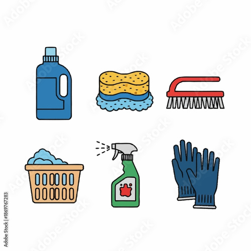 Set of cleaning supplies and tools for household chores.