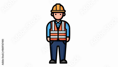 Stylized illustration of a construction worker wearing a hard hat and safety vest