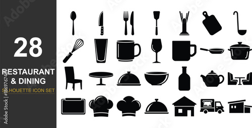 A comprehensive collection of 28 silhouette icons for restaurant and dining business