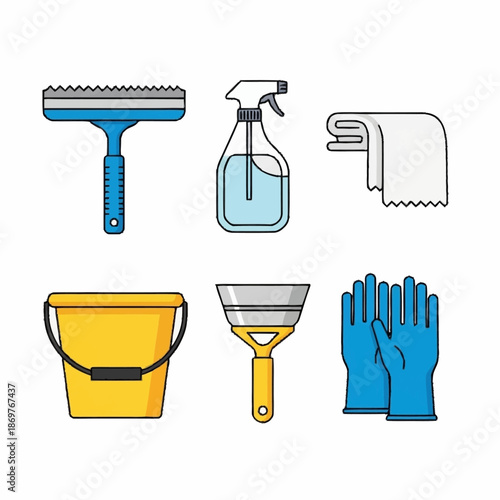 Set of cleaning tools and supplies for household chores.