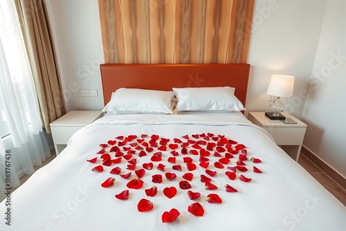 Romantic Bed Decoration with Red Rose Petals and Copy Space