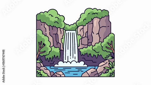 Stylized waterfall cascading down rocky cliffs surrounded by lush green foliage and trees into a calm blue pool