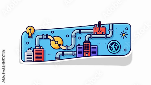 Stylized illustration of a complex industrial system with pipes, buildings, and energy symbols