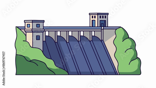 Stylized illustration of a concrete dam with water flowing and buildings on top