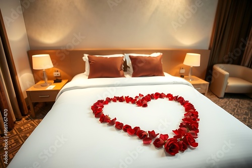 Romantic Bed Decoration with Red Rose Petals and Copy Space