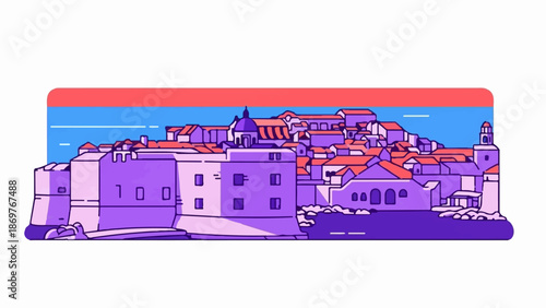 Stylized illustration of a coastal city with purple buildings and red roofs under a blue sky