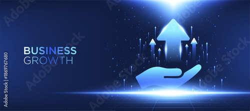 Business growth concept with glowing upward arrows supported by a digital hand. Futuristic blue vector illustration symbolizing business success, financial growth, strategy, and innovation