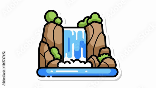 Stylized waterfall with rocky cliffs and green foliage, cascading into a tranquil blue pool