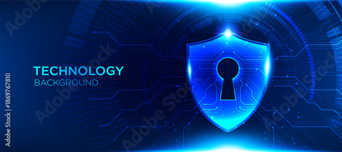 Cyber security shield with keyhole icon vector representing data protection, digital privacy, secure technology on futuristic circuit background. information security, network protection