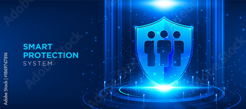 Smart protection system digital security privacy data with futuristic shield and human icons. Blue vector illustration for personal data protection, privacy safety, and innovative cybersecurity