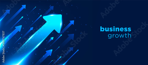 Business growth arrows concept, glowing upward blue arrows symbolizing success, profit, and expansion. Modern vector background for finance, startup, strategy, and corporate growth