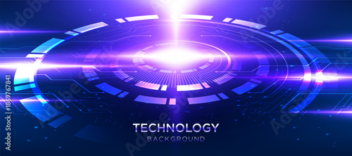 Futuristic technology background with glowing circular interface, digital HUD elements, and neon light effects. Abstract sci fi tech design representing innovation, data network, cyber system