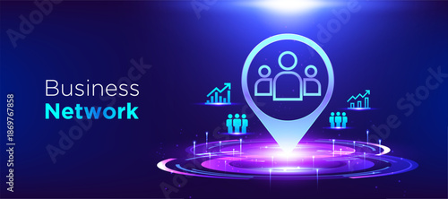 Business network vector concept showing people location icon on futuristic technology ring for customer relationship management and digital communication. Business technology illustration