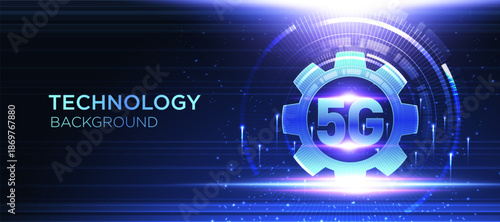 5G technology background with futuristic digital gear interface and glowing network concept. Modern abstract vector illustration for telecommunications, innovation, smart technology, and high speed