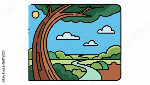 Stylized landscape featuring a large tree, flowing path, and rolling hills under a sunny sky with clouds