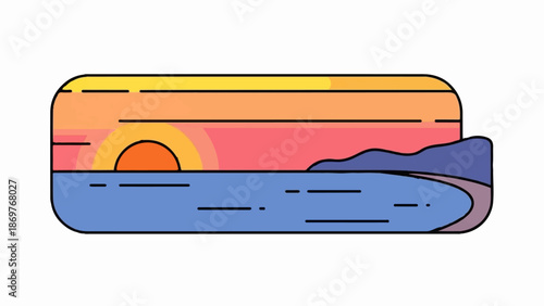 Stylized sunset over calm water with distant, rolling hills