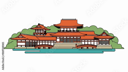 Stylized Japanese palace complex with orange tiled roofs, white walls, and lush green foliage