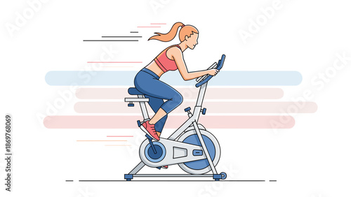Active woman exercises on a stationary bike with motion lines indicating speed and effort against a clean white background.