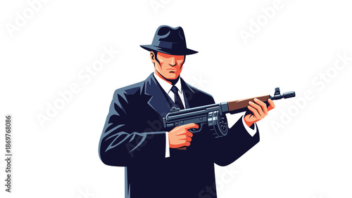 Mafia gangster character in a dark suit and hat holding a vintage submachine gun with a drum magazine on a white background.