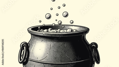 Detailed illustration of a large stone cauldron with bubbles rising from the liquid inside in a stippled vintage artistic style.