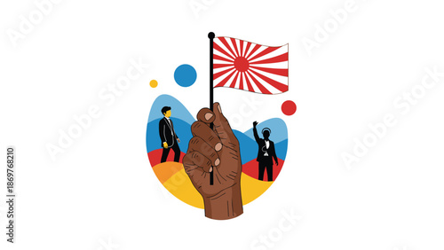 Hand firmly holds a flag with a rising sun design against an abstract colorful background with figures and geometric shapes.