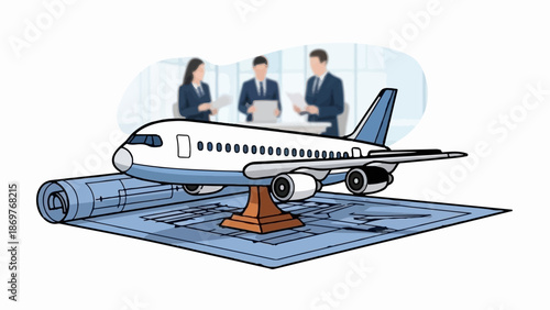 Team planning an airplane project on blueprints