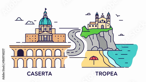 Stylized Italian landmarks with a road connecting them