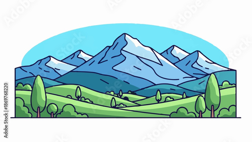 Stylized mountains and rolling green hills under a bright blue sky