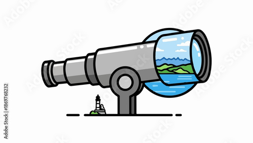 Telescope reveals a distant ocean and green hills, with a lighthouse in foreground