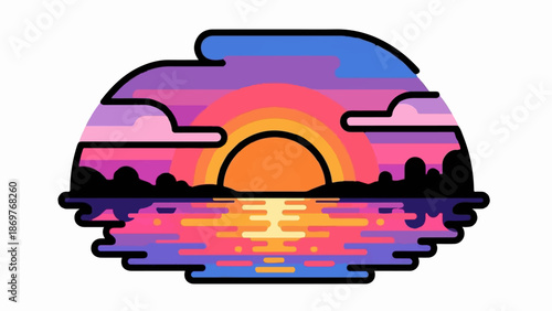 Stylized sunset over water with a dark silhouette of land and colorful clouds