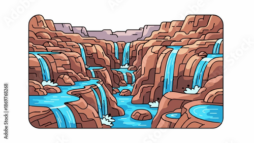 Stylized pixel art of a cascading waterfall in a canyon