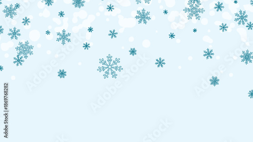 Winter themed background with various blue snowflakes and white spots falling from the top over a light blue gradient background.