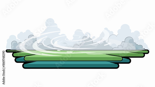 Stylized layered terrain with swirling clouds suggesting wind