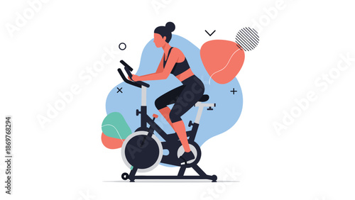 Fit woman works out on an indoor cycling bike with abstract shapes in the background for a modern fitness illustration.