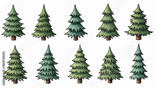 Ten cartoon-style evergreen trees with varying shades of green foliage