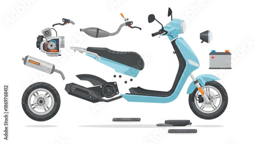 Disassembled blue electric scooter with parts separated on a white background