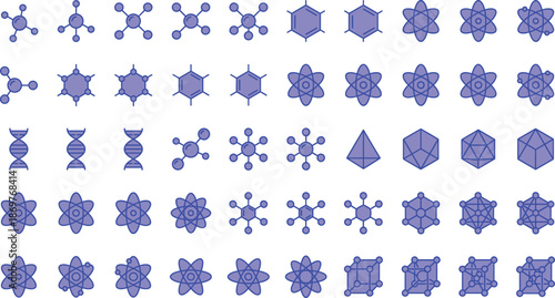 Atomic and molecular icon set with chemistry structures, DNA helix, geometric crystal shapes and physics symbols, blue outline vector collection for science education, research, technology, infographi