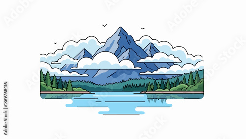 Stylized mountains rise above a tranquil lake, reflecting a serene sky with fluffy clouds and soaring birds