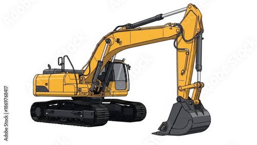 A large yellow excavator is shown on a white background with its arm extended