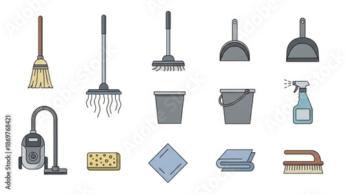 Various cleaning tools and supplies are arranged neatly on a white background, showcasing a range of equipment for household chores and organization.