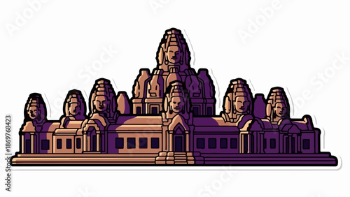 Stylized pixel art representation of a temple facade with serene faces carved into towers