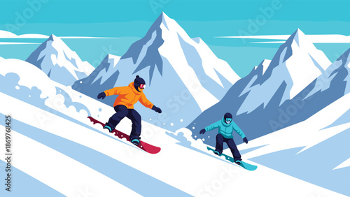 Two adventurous snowboarders glide down a snowy mountain slope with jagged peaks under a clear blue winter sky in this art.