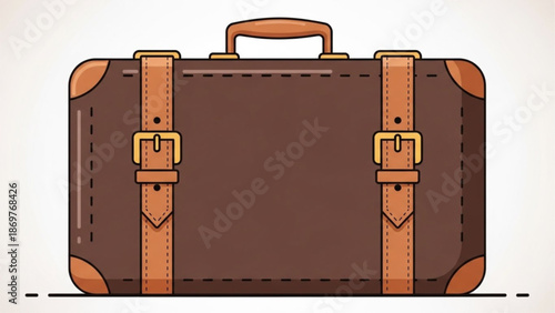 Vintage brown leather suitcase with brass locks and straps on a plain white background